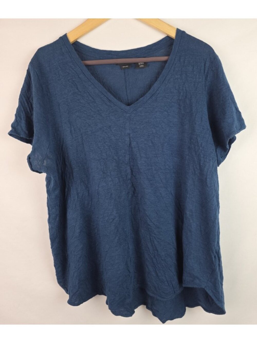 Tahari Womens Top Plus Size 2X Blue Linen V-Neck Short Sleeve Shirt Blouse